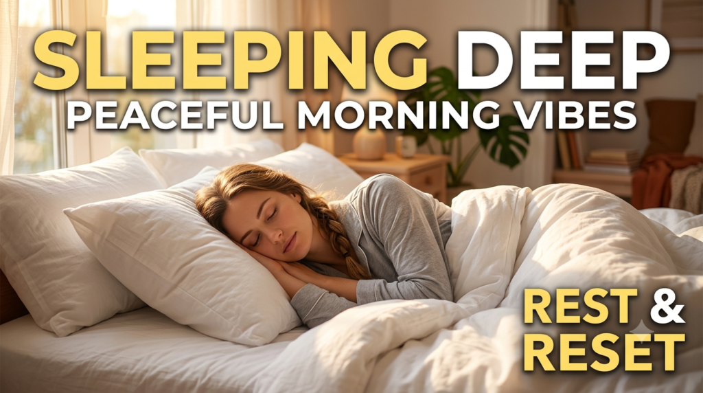 A peaceful woman sleeping deeply on comfortable white pillows with morning sunlight gently hitting the bed.