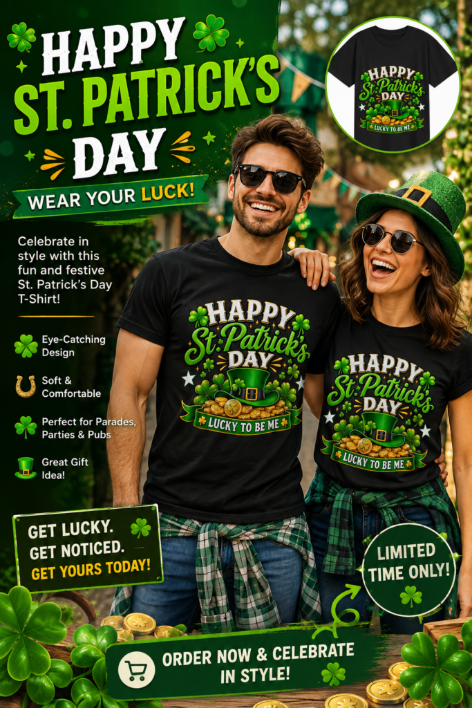 Happy St. Patrick’s Day T-shirt with shamrocks, leprechaun hat and lucky design