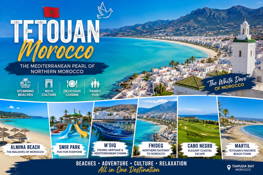 Tetouan Morocco Mediterranean coast featuring Almina Beach, Cabo Negro, M’diq and Martil with turquoise sea and Rif Mountains
