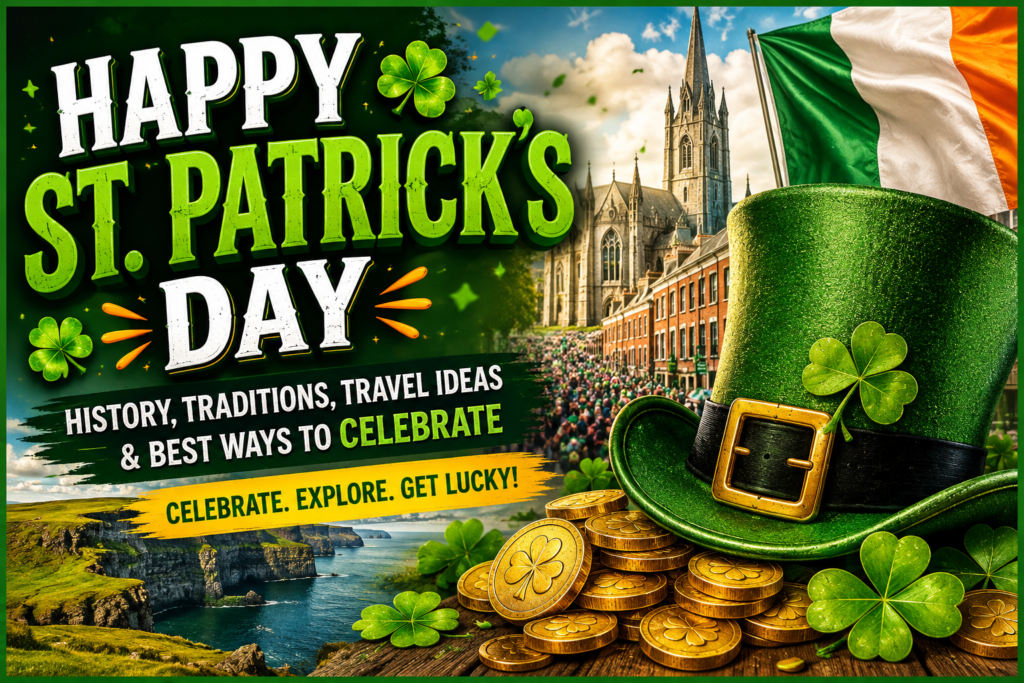 Happy St. Patrick's Day travel guide with shamrocks, Irish flag, leprechaun hat and Ireland scenery